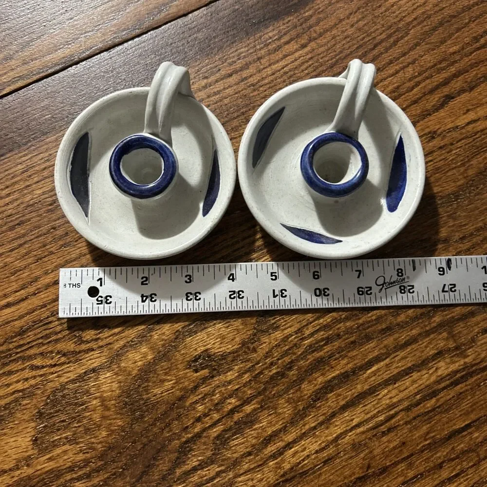 Pair Williamsburg Pottery Stoneware Chamberstick Candle Holders Gray Blue Potter